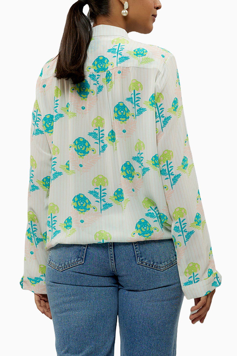 Teal Printed Crepe Front Drawstring Top