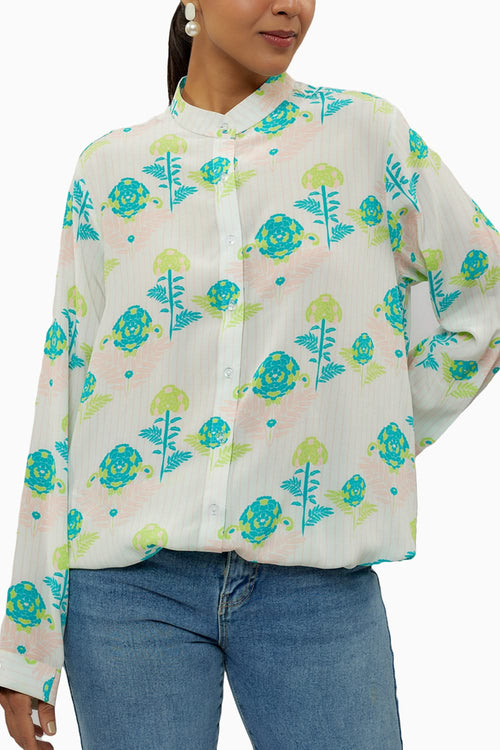 Teal Printed Crepe Front Drawstring Top