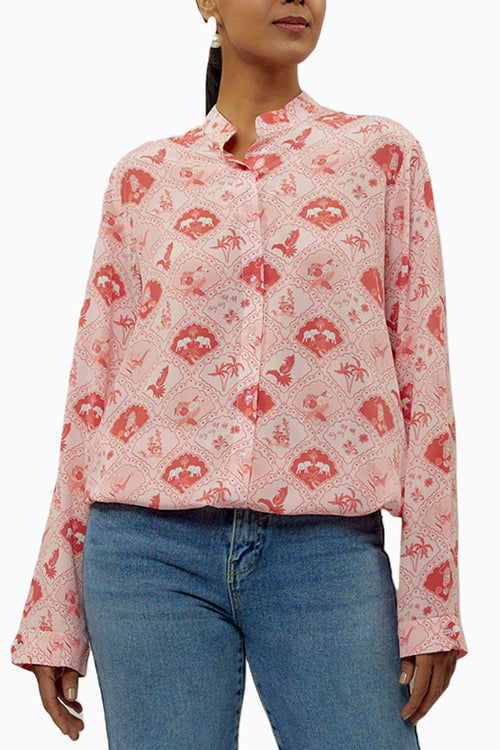 Blush Pink Printed Crepe Front Drawstring Top
