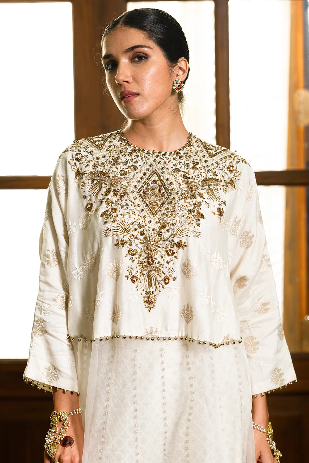 Roha Off White Anarkali Buta Raneem Tunic With Sharara Set