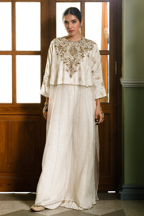 Roha Off White Anarkali Buta Raneem Tunic With Sharara Set