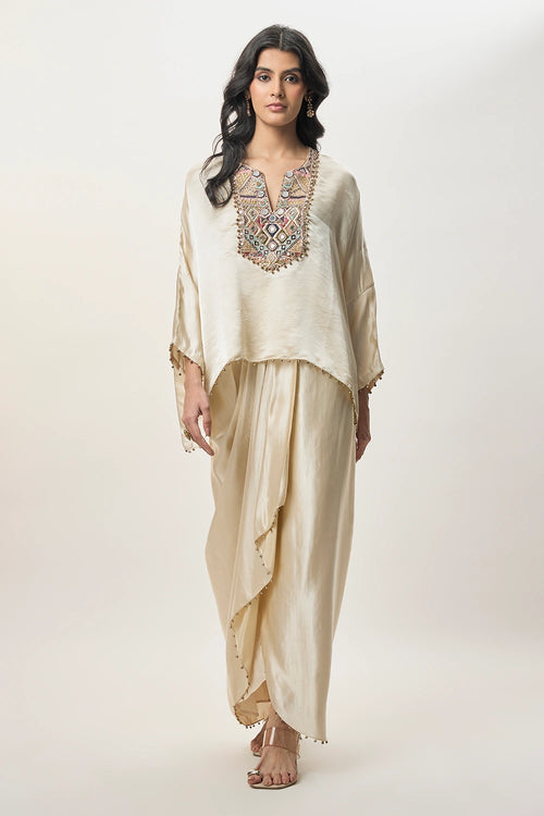 Risa Champagne Modal Satin Embroidered Yoke Top And Lungi Skirt