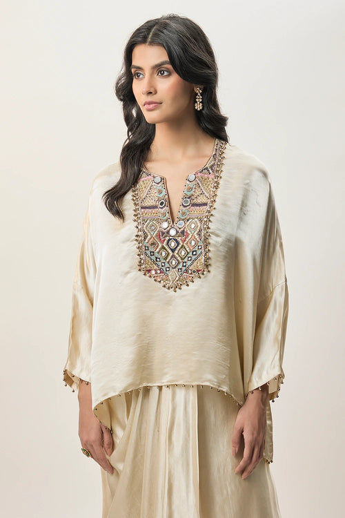 Risa Champagne Modal Satin Embroidered Yoke Top And Lungi Skirt