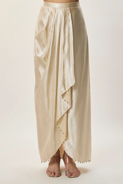 Risa Champagne Modal Satin Embroidered Yoke Top And Lungi Skirt