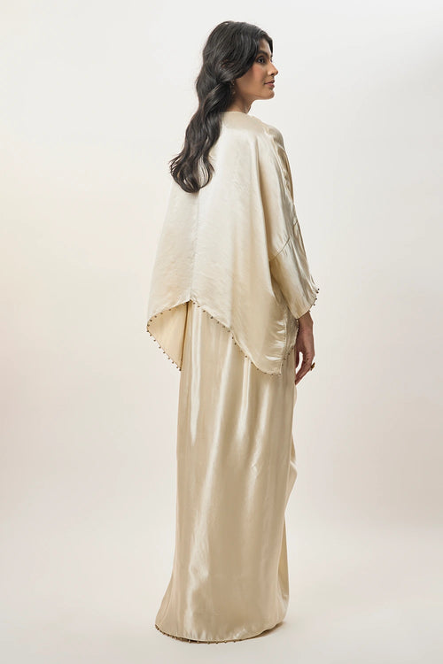 Risa Champagne Modal Satin Embroidered Yoke Top And Lungi Skirt