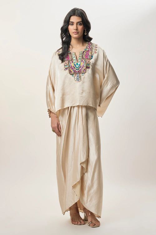 Taraz Champagne Modal Satin Embroidered Yoke Top And Lungi Skirt