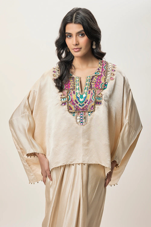 Taraz Champagne Modal Satin Embroidered Yoke Top And Lungi Skirt