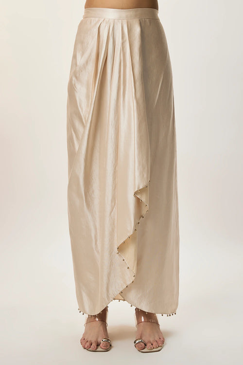 Taraz Champagne Modal Satin Embroidered Yoke Top And Lungi Skirt