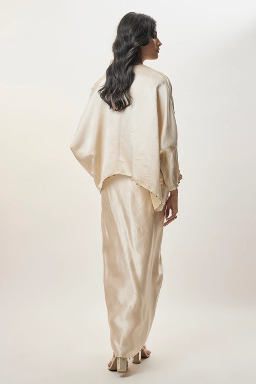 Taraz Champagne Modal Satin Embroidered Yoke Top And Lungi Skirt