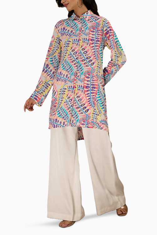 Blue Printed Roll-Up Sleeve Shirt Dress