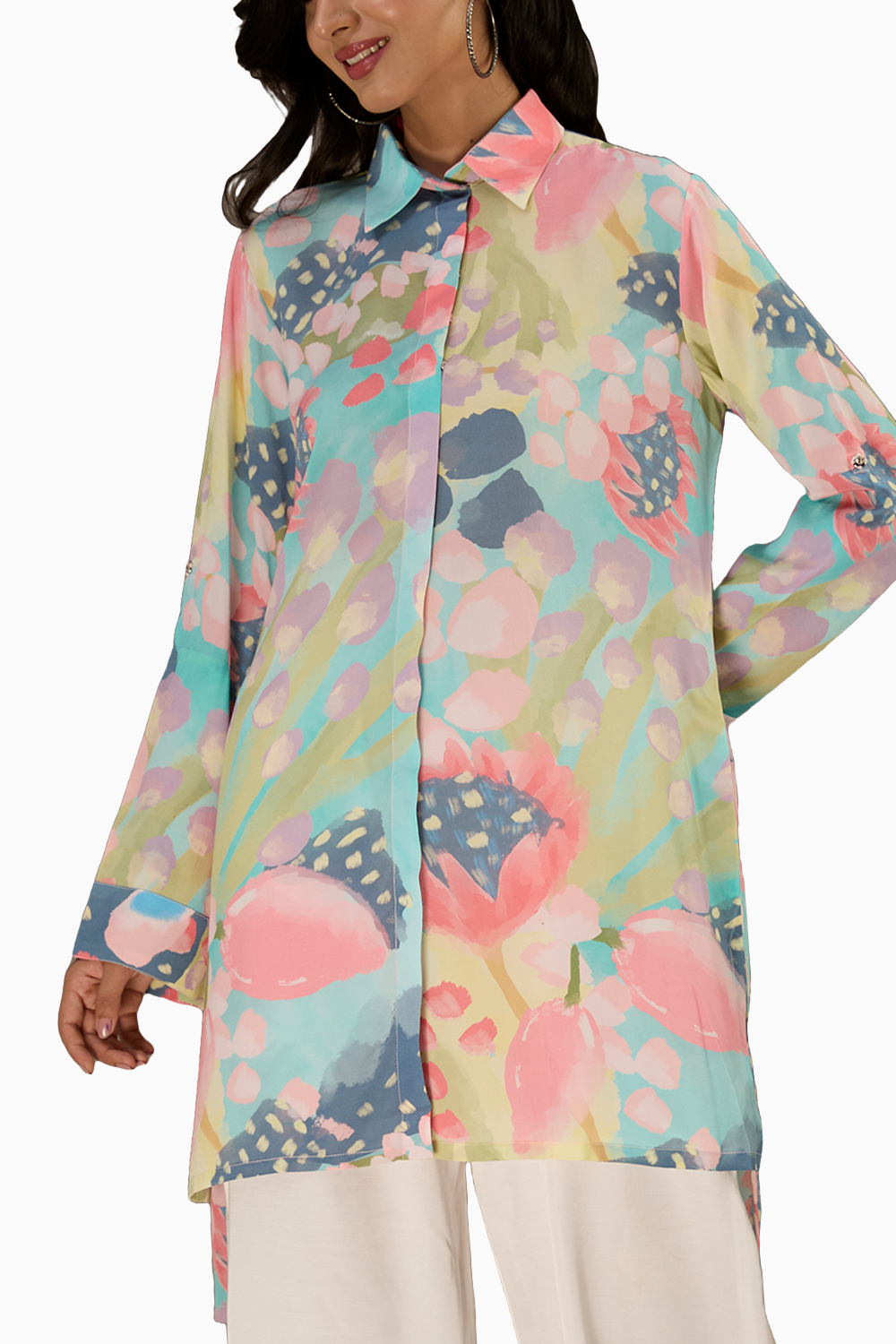 Euphoria Printed Roll-Up Sleeve Shirt Dress