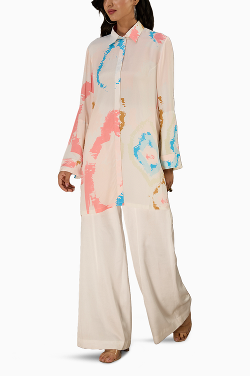 White Printed Roll-Up Sleeve Shirt Dress