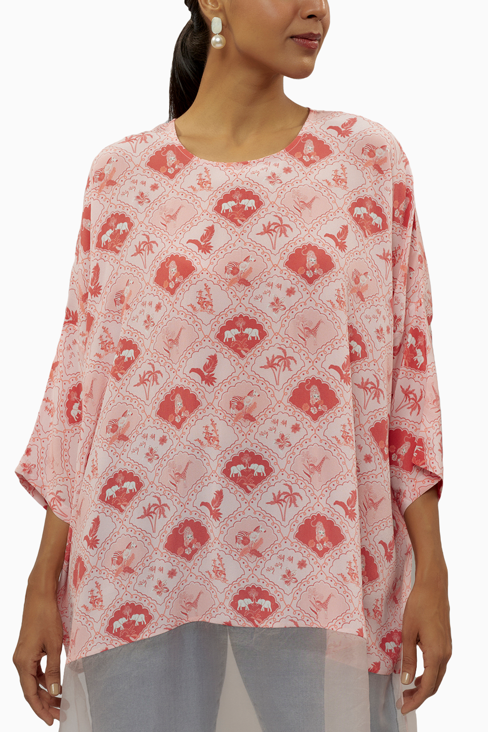 Blush Pink Printed Crepe And Organza Raneem Tunic