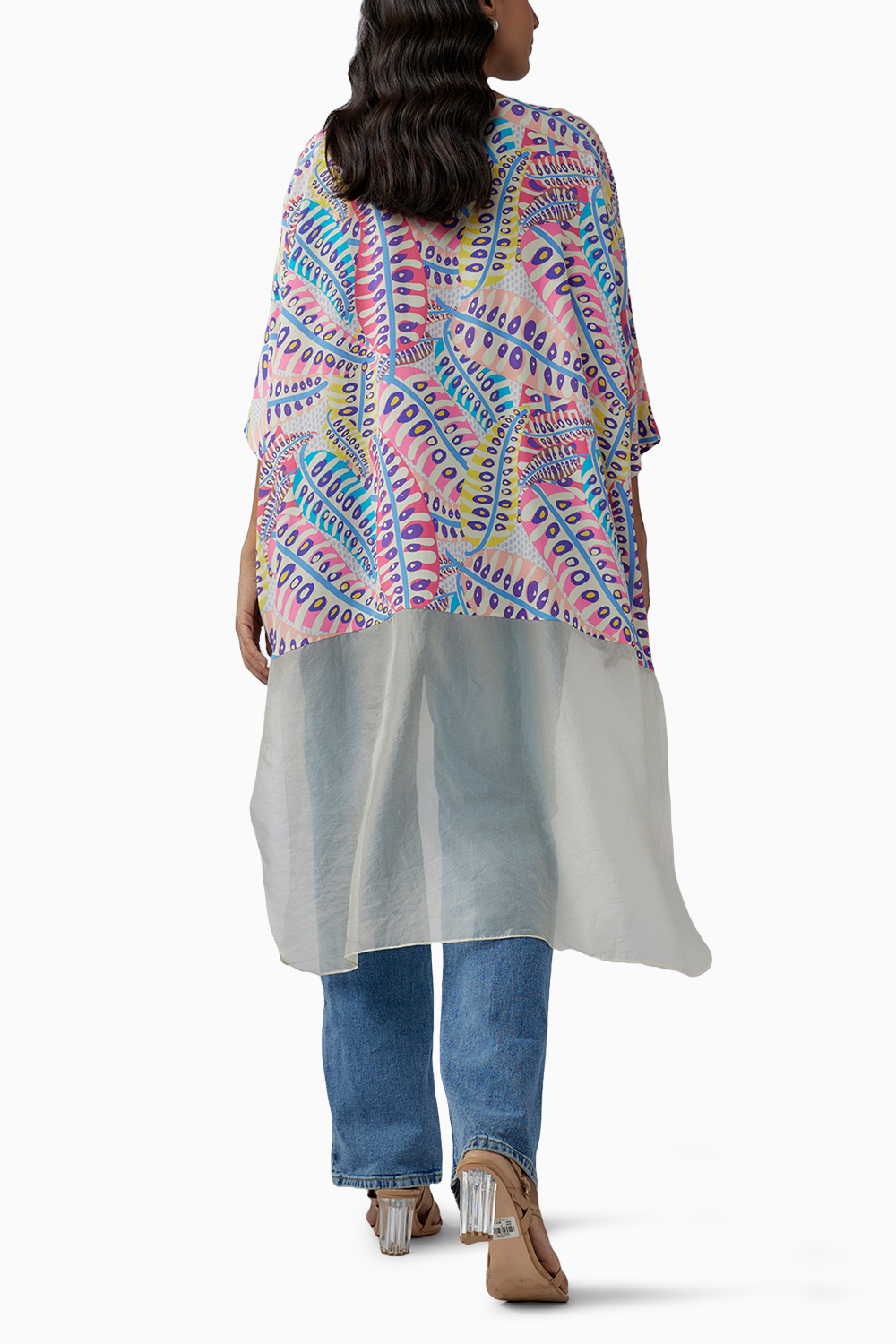 Blue Printed Crepe And Organza Raneem Tunic