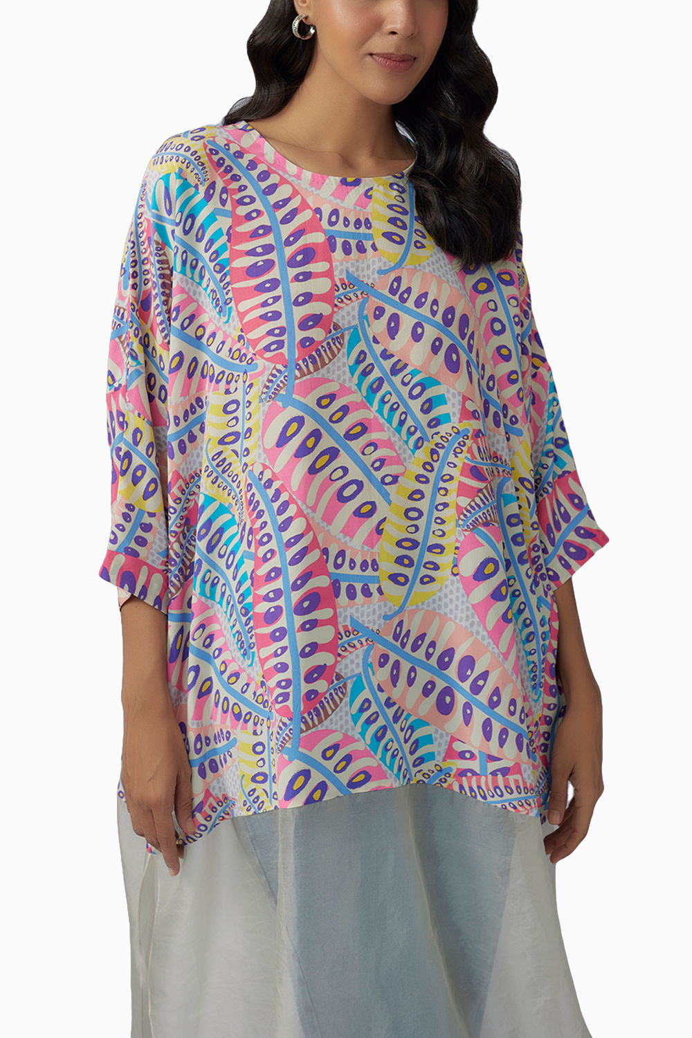 Blue Printed Crepe And Organza Raneem Tunic