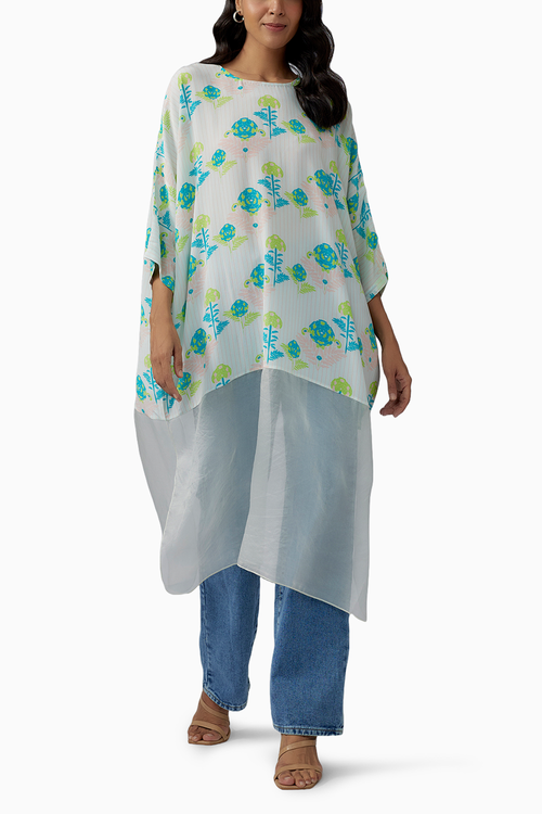 Green Printed Crepe And Organza Raneem Tunic