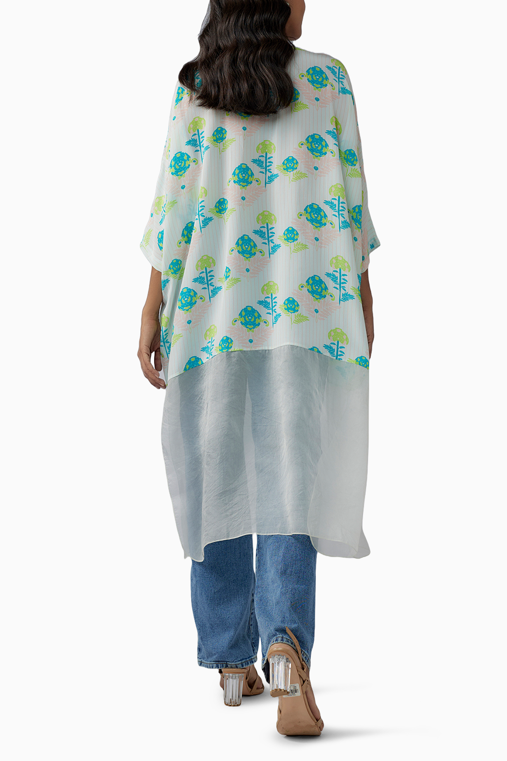 Green Printed Crepe And Organza Raneem Tunic