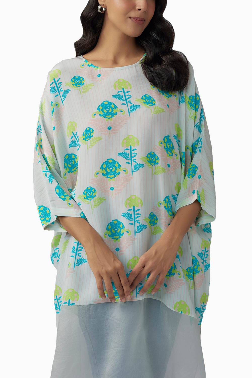 Green Printed Crepe And Organza Raneem Tunic