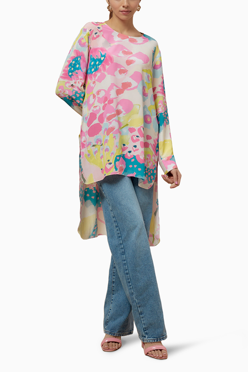 Lime Printed Crepe High Low Tunic With Rolled Up Sleeves