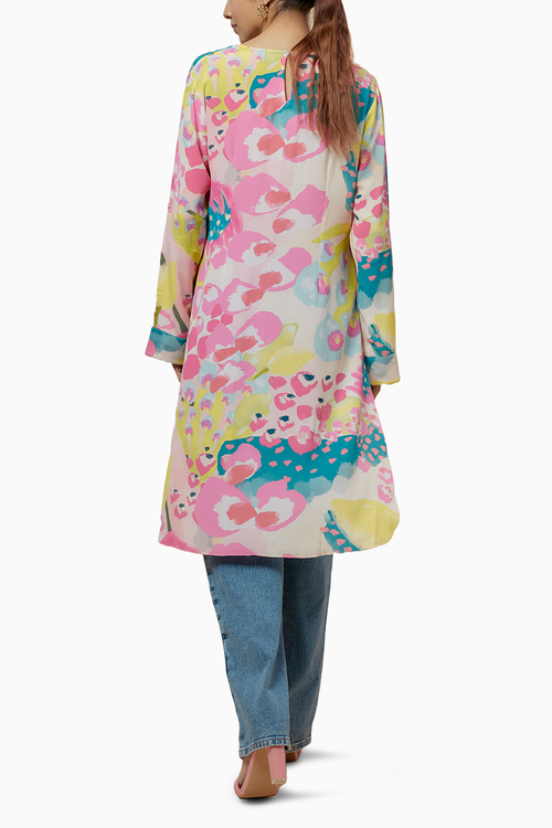 Lime Printed Crepe High Low Tunic With Rolled Up Sleeves