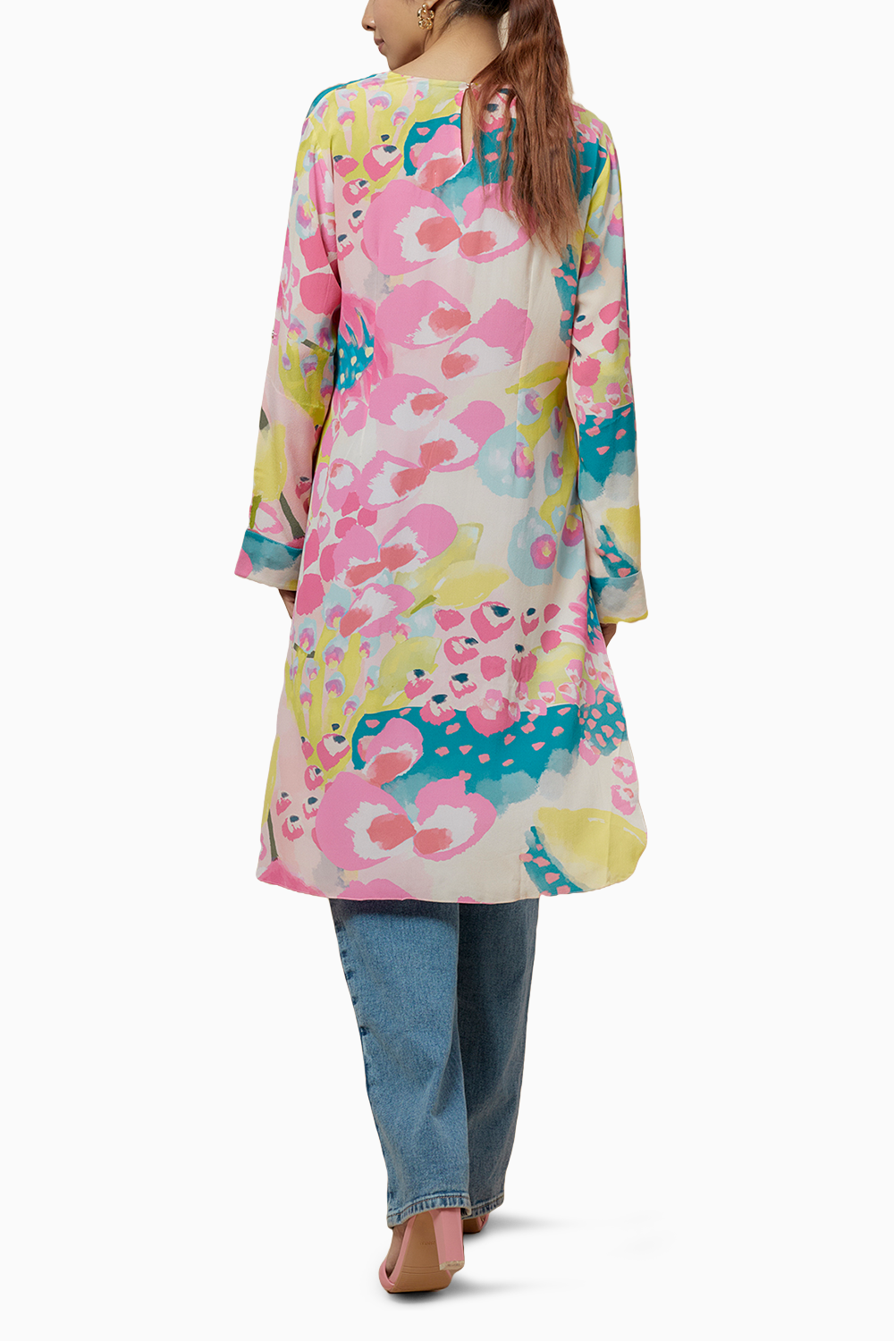 Lime Printed Crepe High Low Tunic With Rolled Up Sleeves