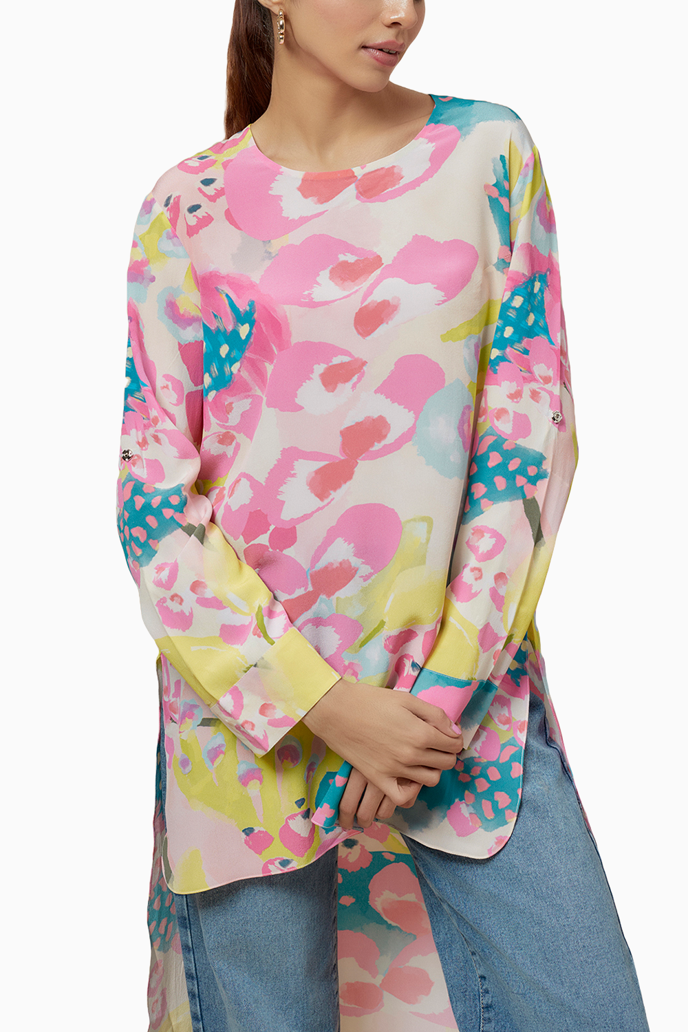 Lime Printed Crepe High Low Tunic With Rolled Up Sleeves