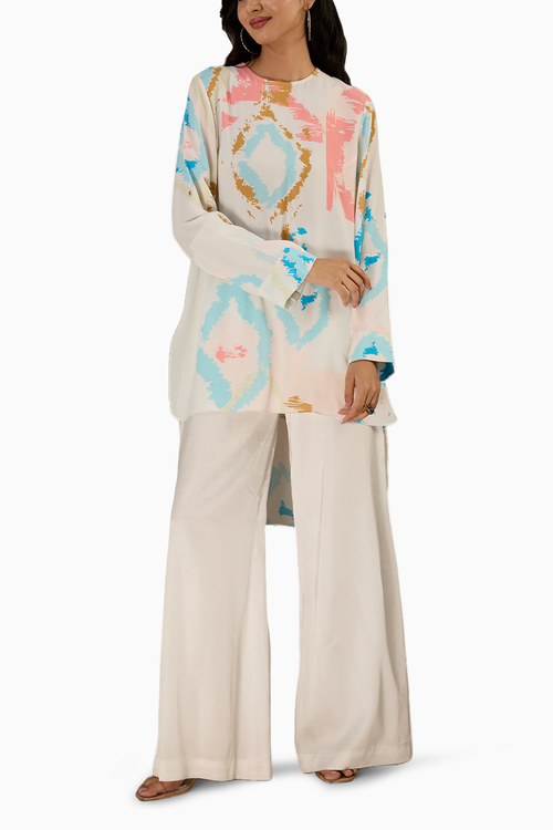 White Printed Rolled Up Sleeves High-Low Tunic