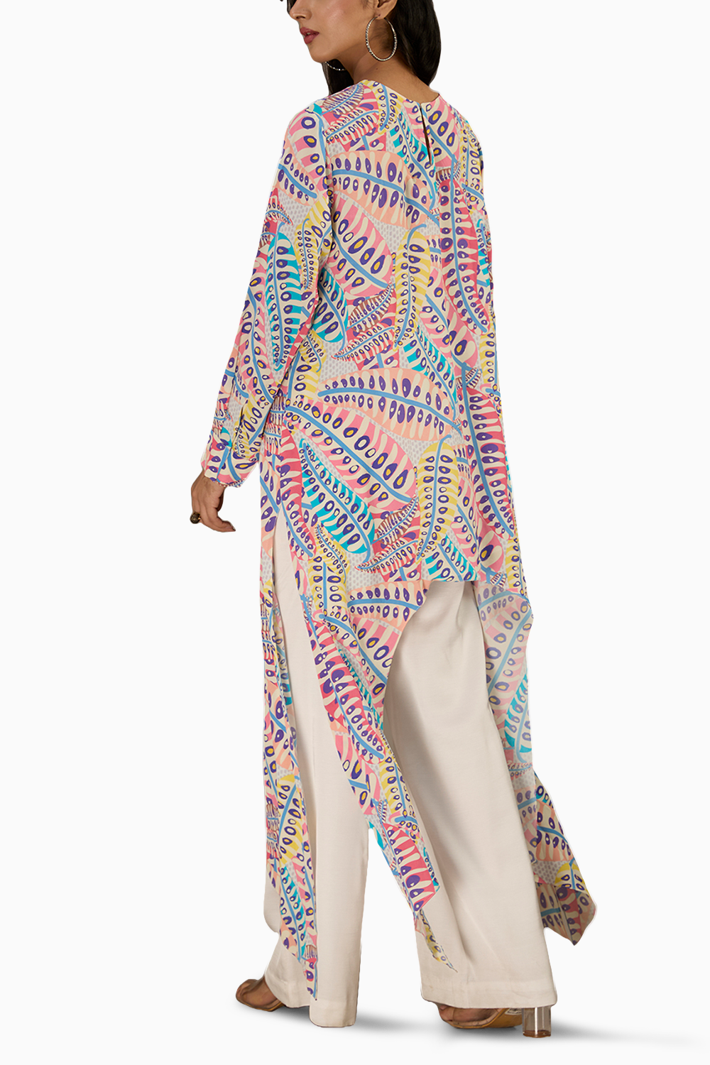 Blue Printed Crepe Tunic With Side Tail