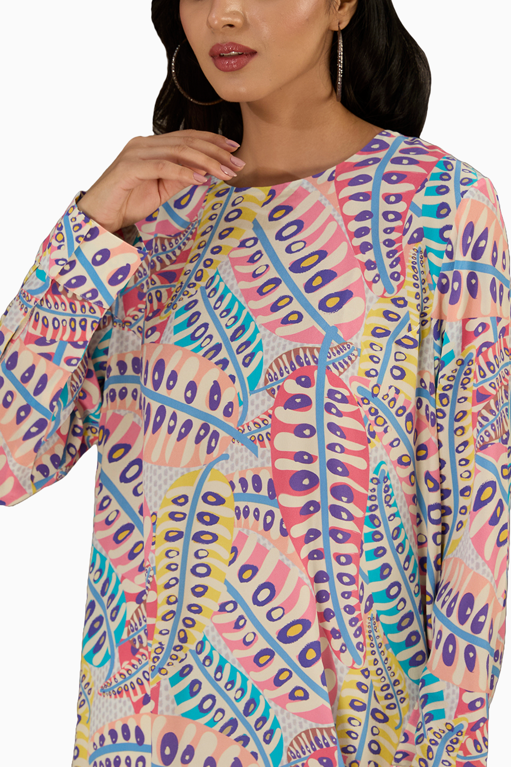 Blue Printed Crepe Tunic With Side Tail