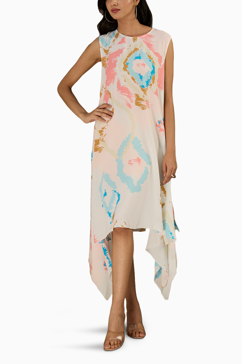 White Printed Crepe Dress With Side Drape