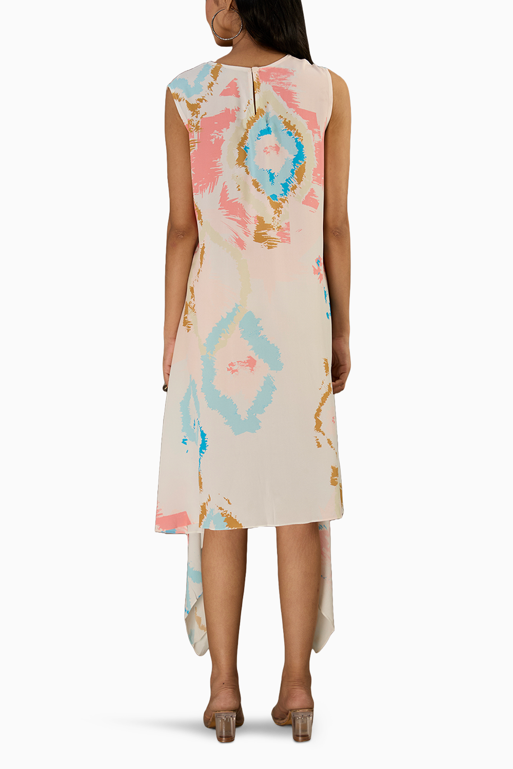 White Printed Crepe Dress With Side Drape