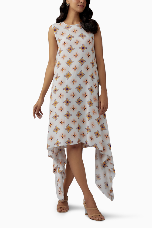 Ivory Printed Crepe Side Tail Tunic