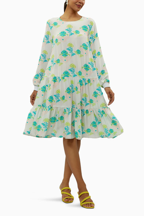 Teal Printed Crepe Frill Hem Tunic