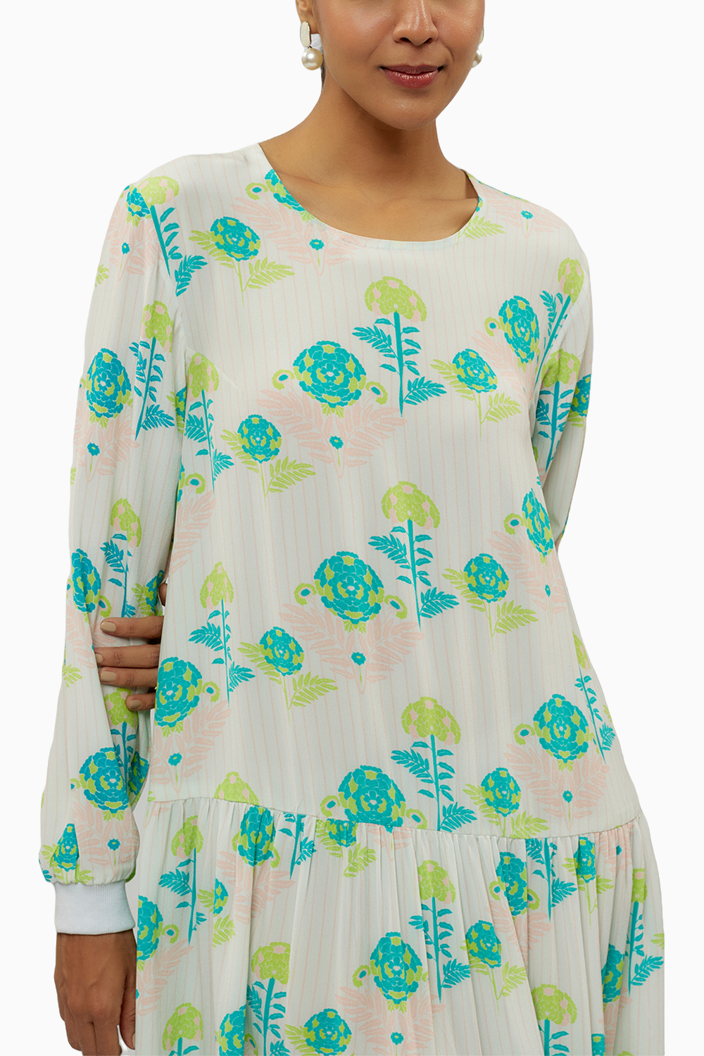 Teal Printed Crepe Frill Hem Tunic