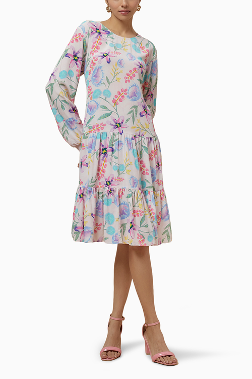 Baby Pink Cream Printed Crepe Frill Hem Tunic