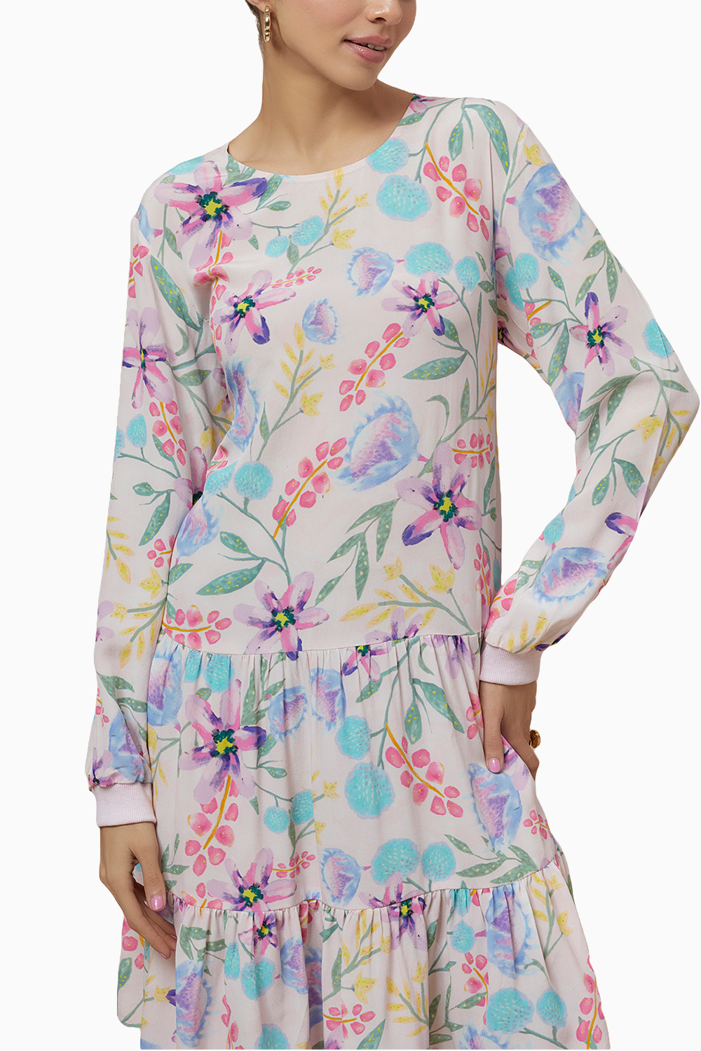 Baby Pink Cream Printed Crepe Frill Hem Tunic