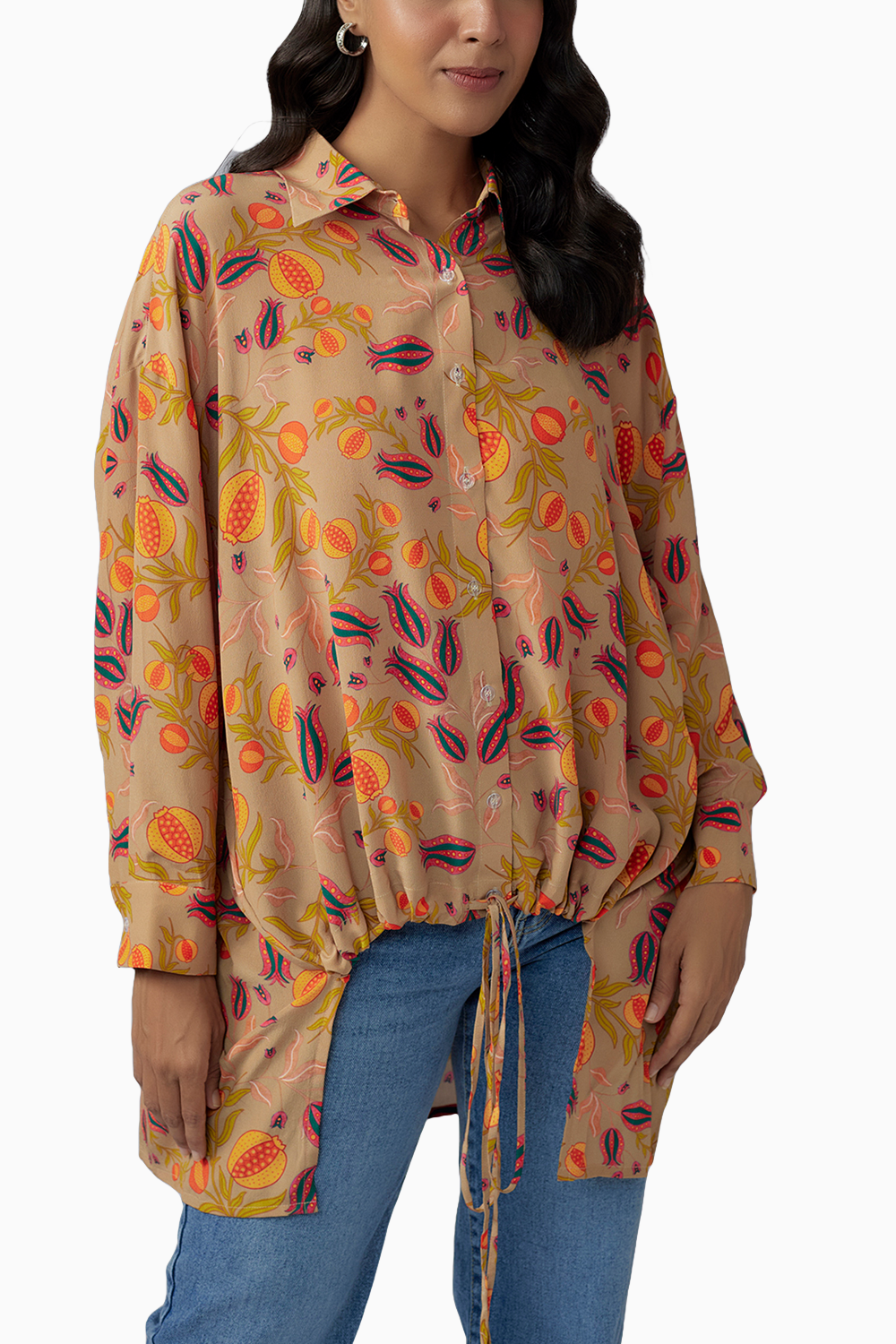 Brown Printed Crepe Shirt Tunic