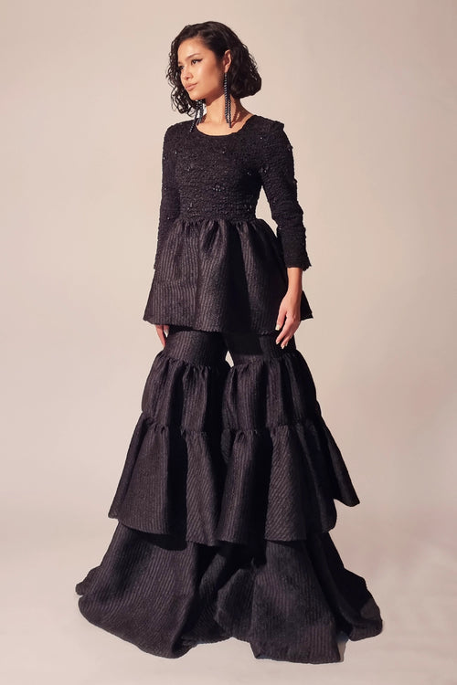 Black Satin Pearl Top & Gharara Pants Set