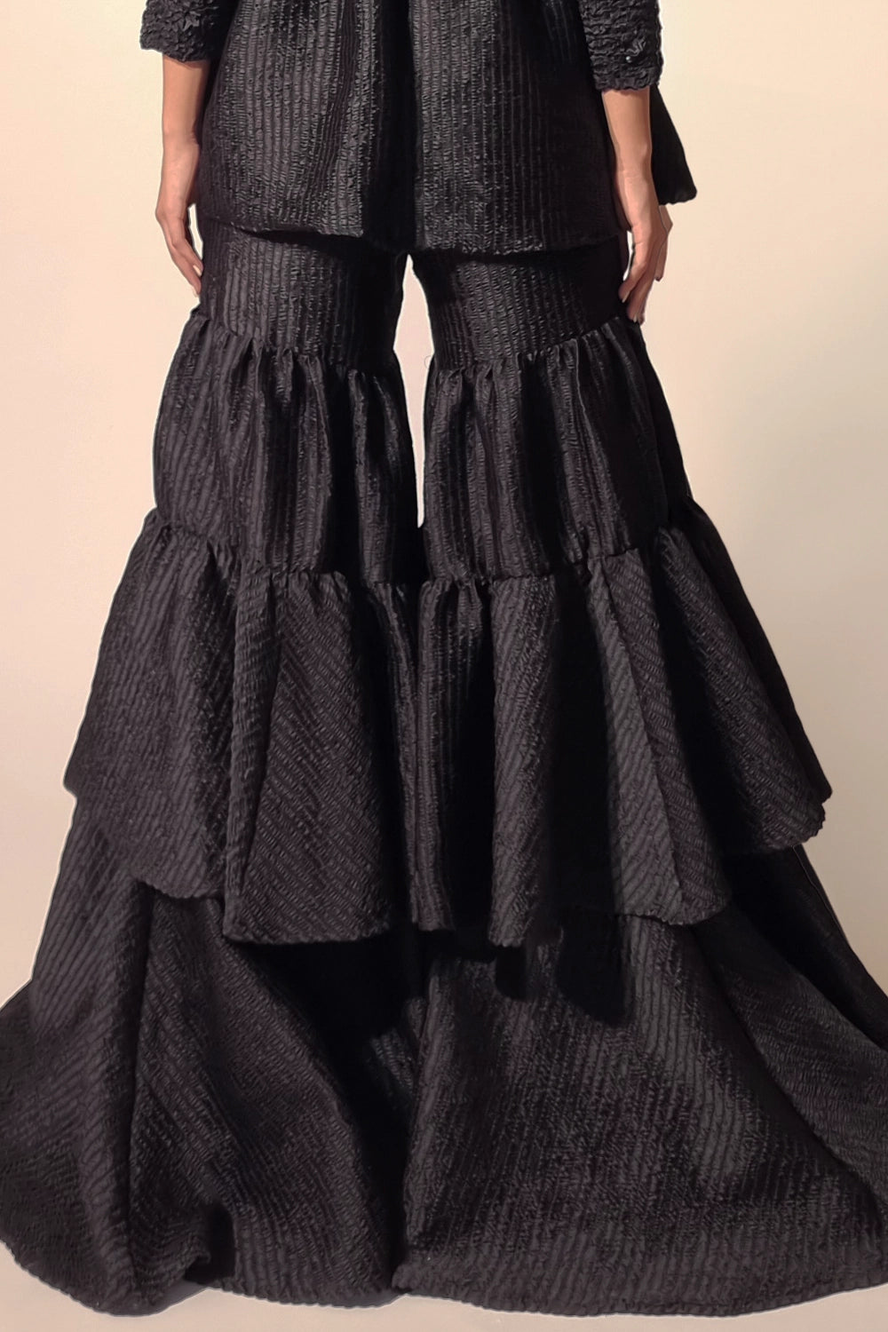 Black Satin Smocked Gharara Pants