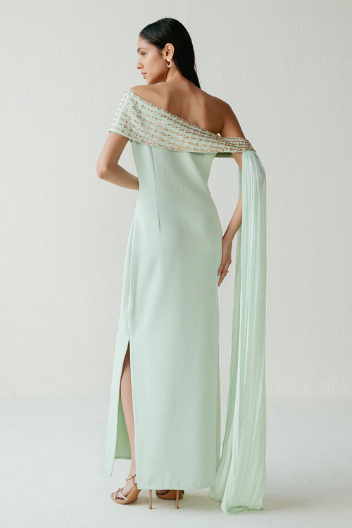 Teal Green Crystal Work Off Shoulder Dress