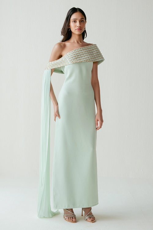 Teal Green Crystal Work Off Shoulder Dress