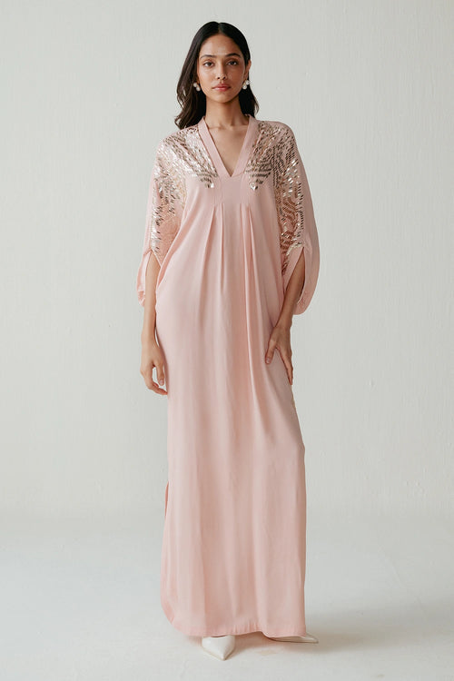 Peach Double Georgette Sequins Work Kaftan