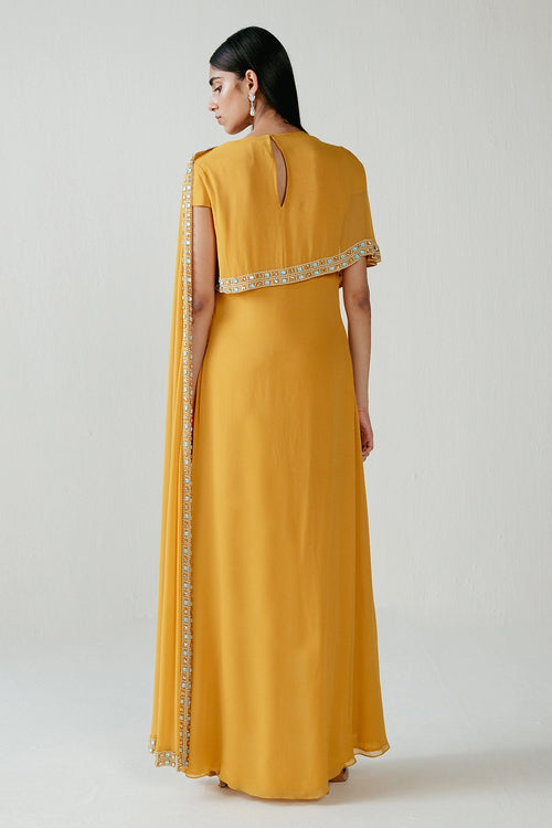 Yellow Printed Border Crystal Work Dress