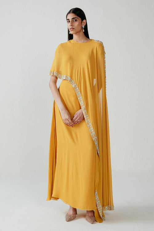 Yellow Printed Border Crystal Work Dress