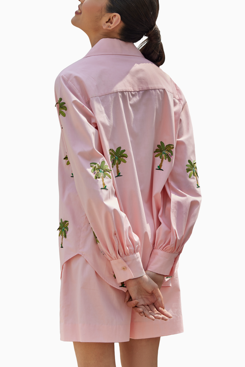 Peach Banana Tree Embroidered Shirt Set