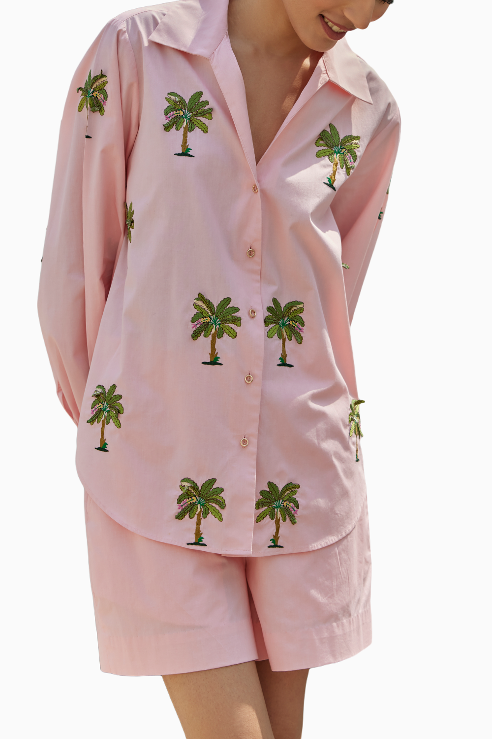 Peach Banana Tree Embroidered Shirt Set