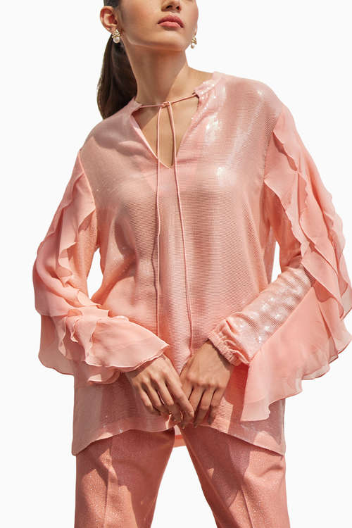 Peach Garden Sequins Ruffle Shirt