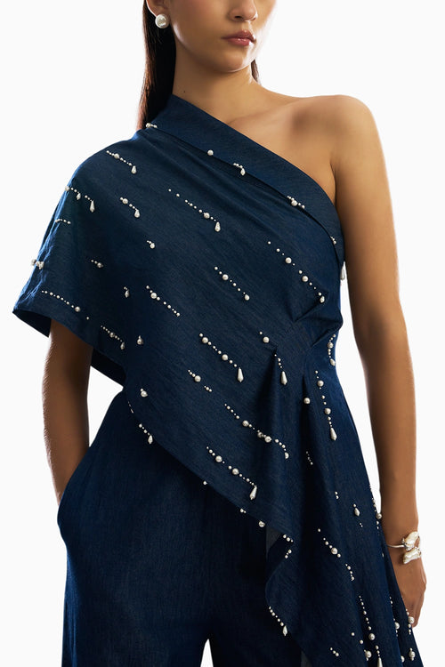 Pearfall Asymmetrical Denim Top