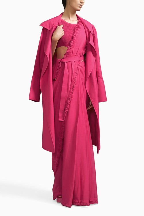 Pink Fringed Saree-Bodysuit-Jacket Set