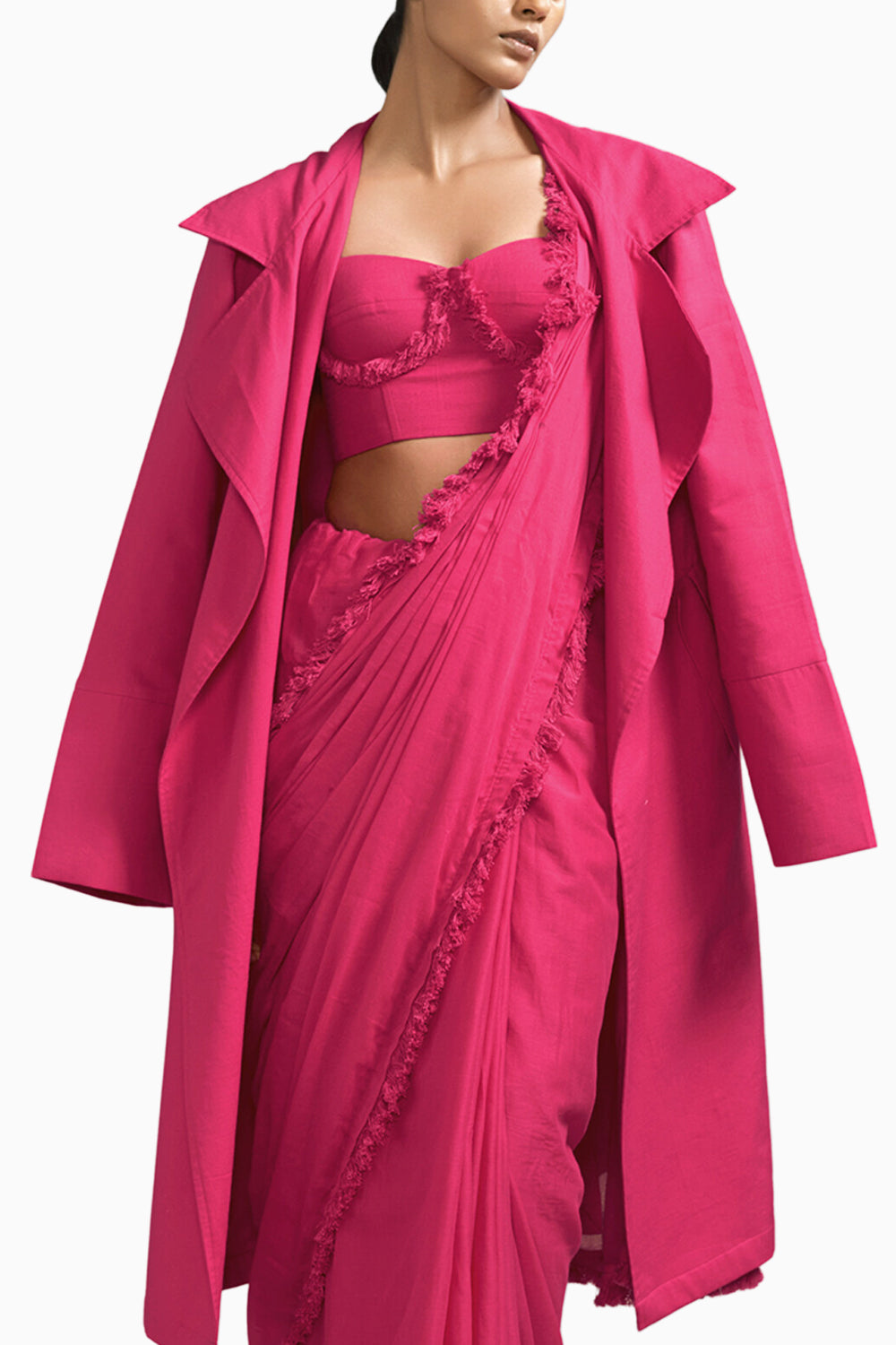 Pink Fringed Saree-Corset-Jacket Set